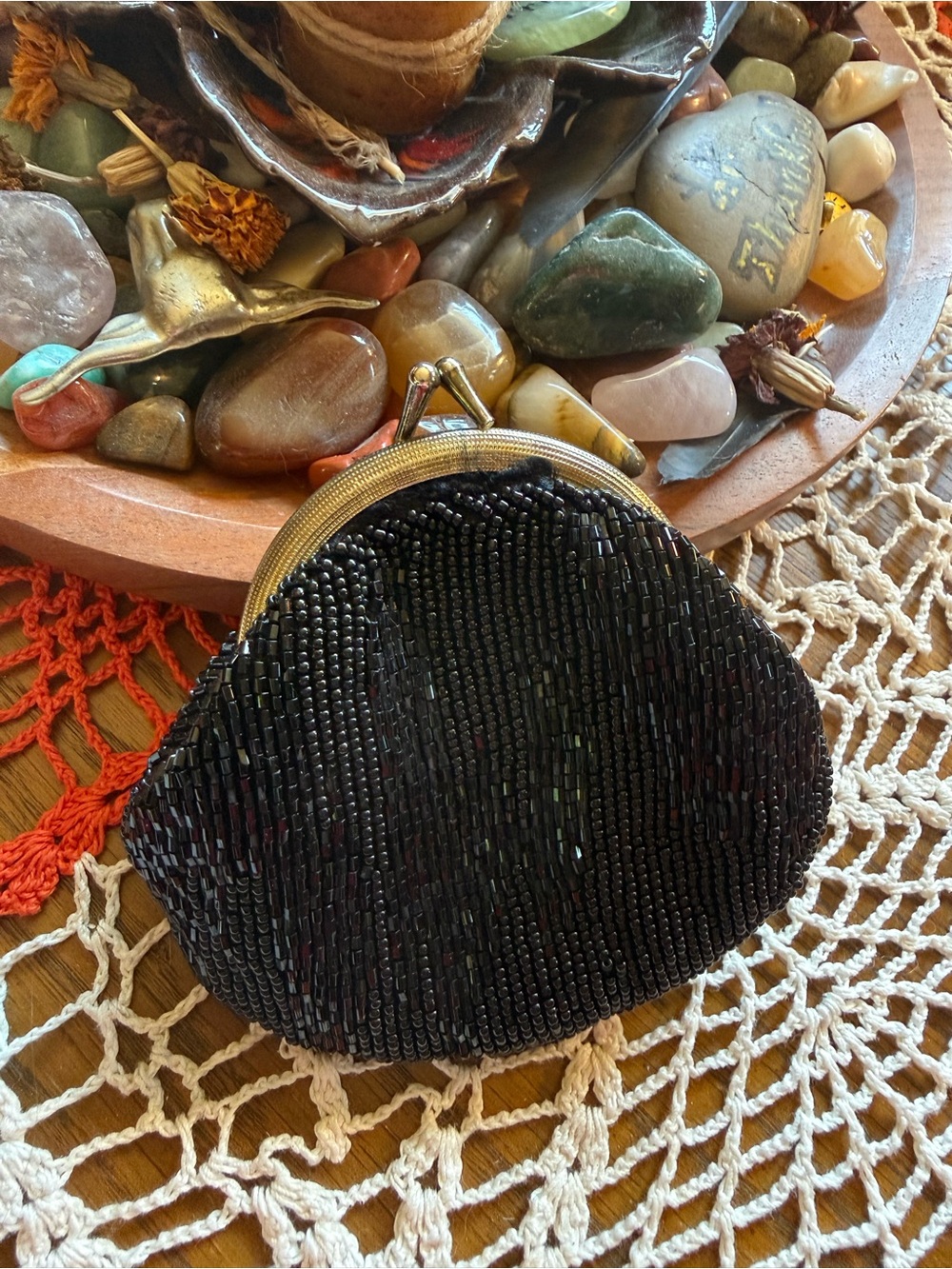 Vintage Black Hand Beaded Kiss Lock Evening Purse